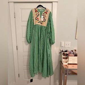 Green Striped Maxi Dress with Embroidered Detail